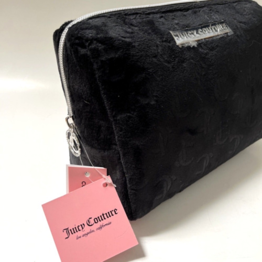 NWT Juicy Couture Black Velour Cosmetics Bag Embossed Logo Makeup Travel Case - Picture 2 of 10